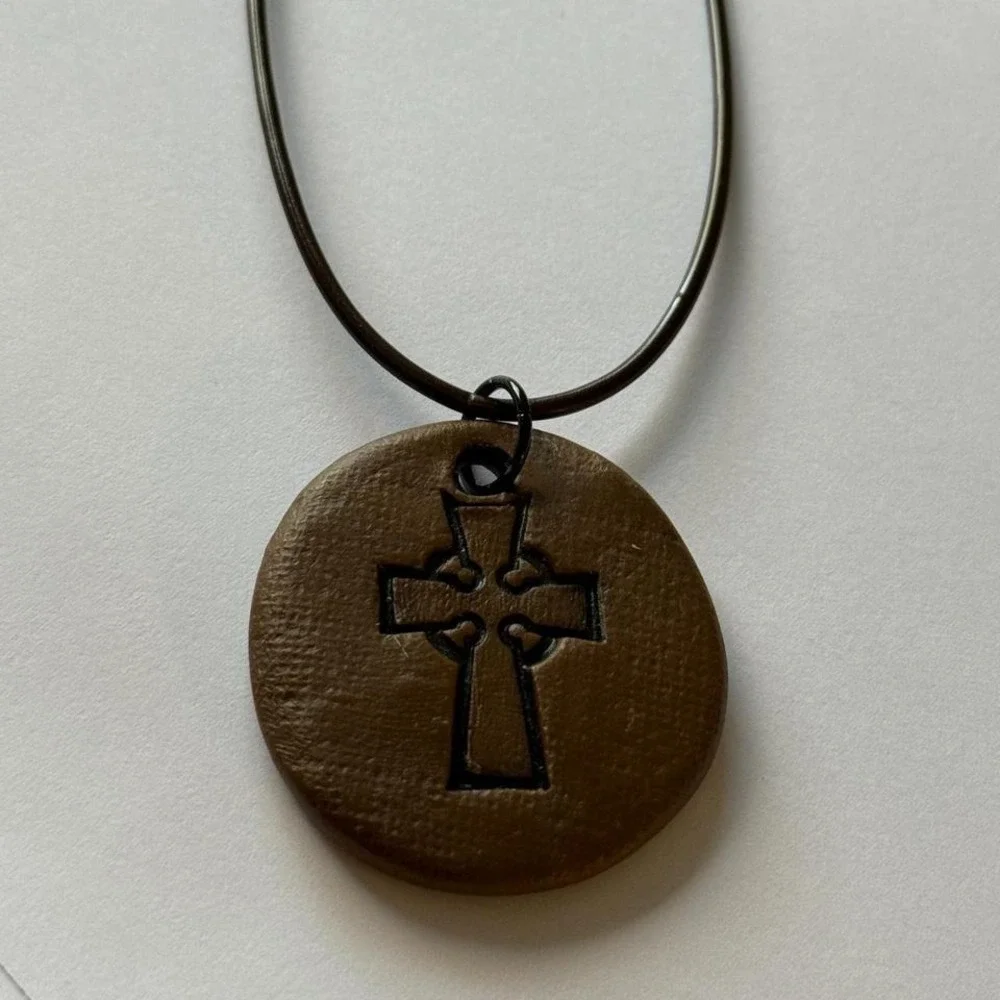 Unisex Cross Design on Brown Resin Handmade Pendant Necklace